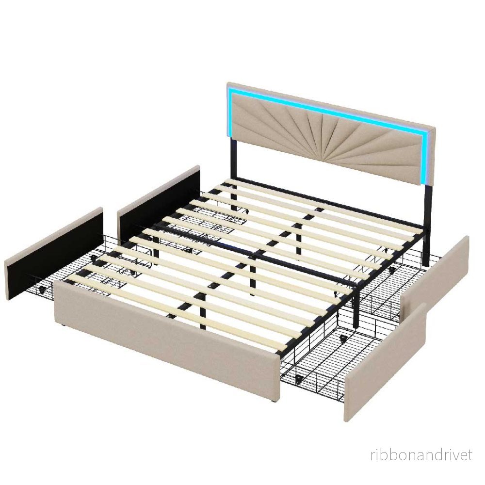 YELENARO tygstoppad säng med 4 lådor och LED – 140/160×200 cm - Bild 3