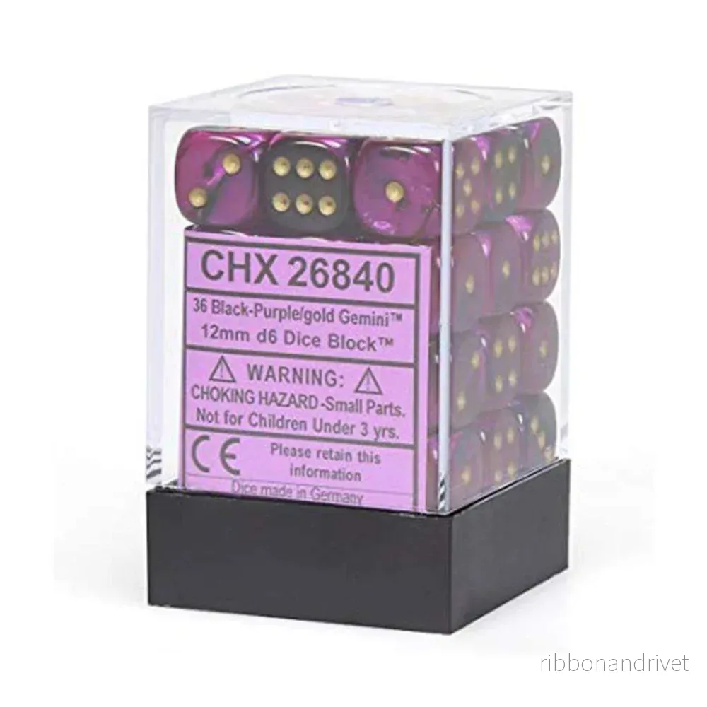 Chessex Gemini 12mm d6 Dice Blocks – Black-Purple w/gold
