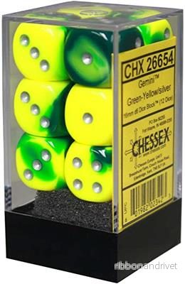 Chessex Gemini 16mm d6 med pips Tärningsblock (12 tärningar) – Grön-Gul med silver Chessex Gemini 16mm d6 med pips Tärningsblock (12 tärningar) – Grön-Gul med silver