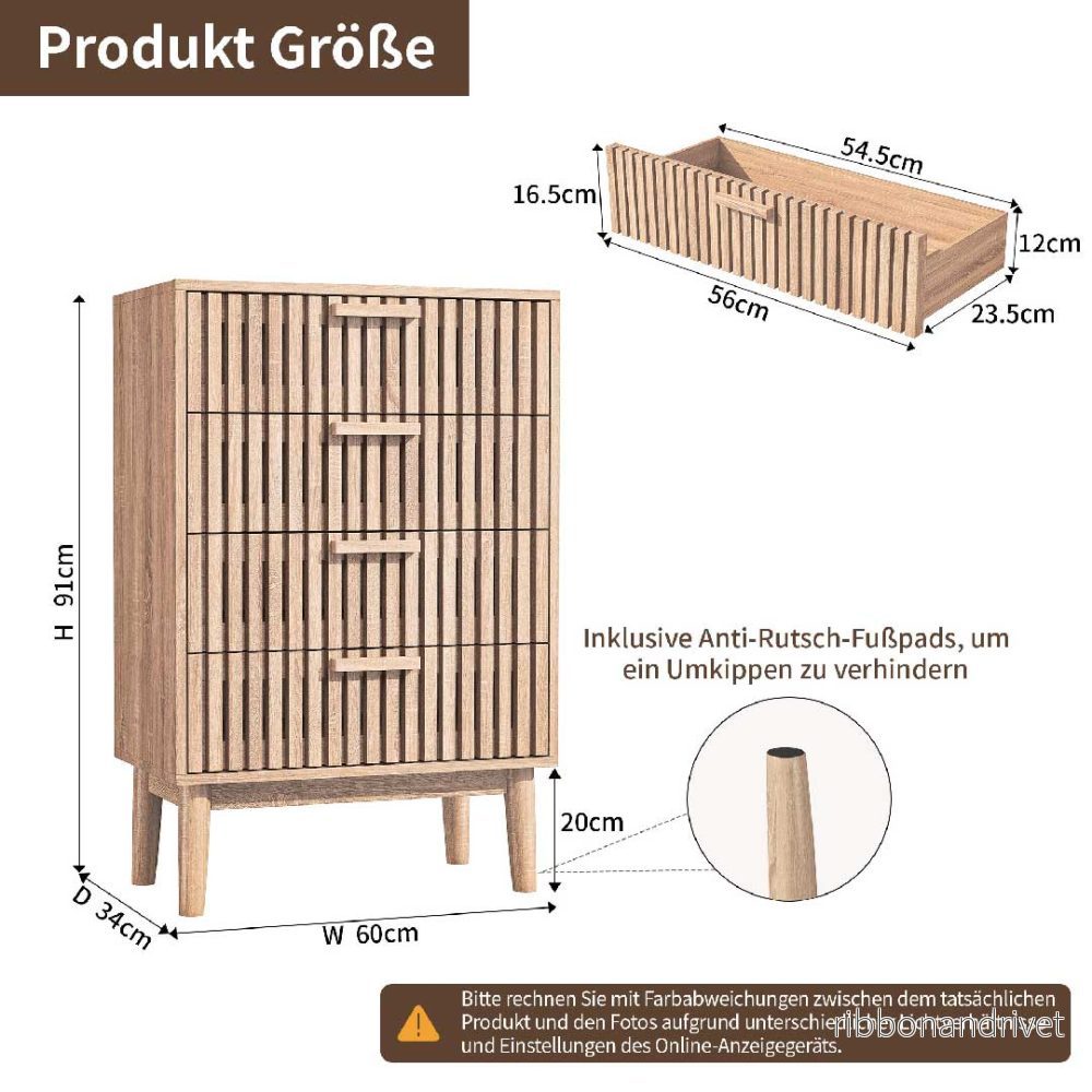 Yelenaro träbyrå med 4 räfflade lådor, Modernt sidobord - Bild 3