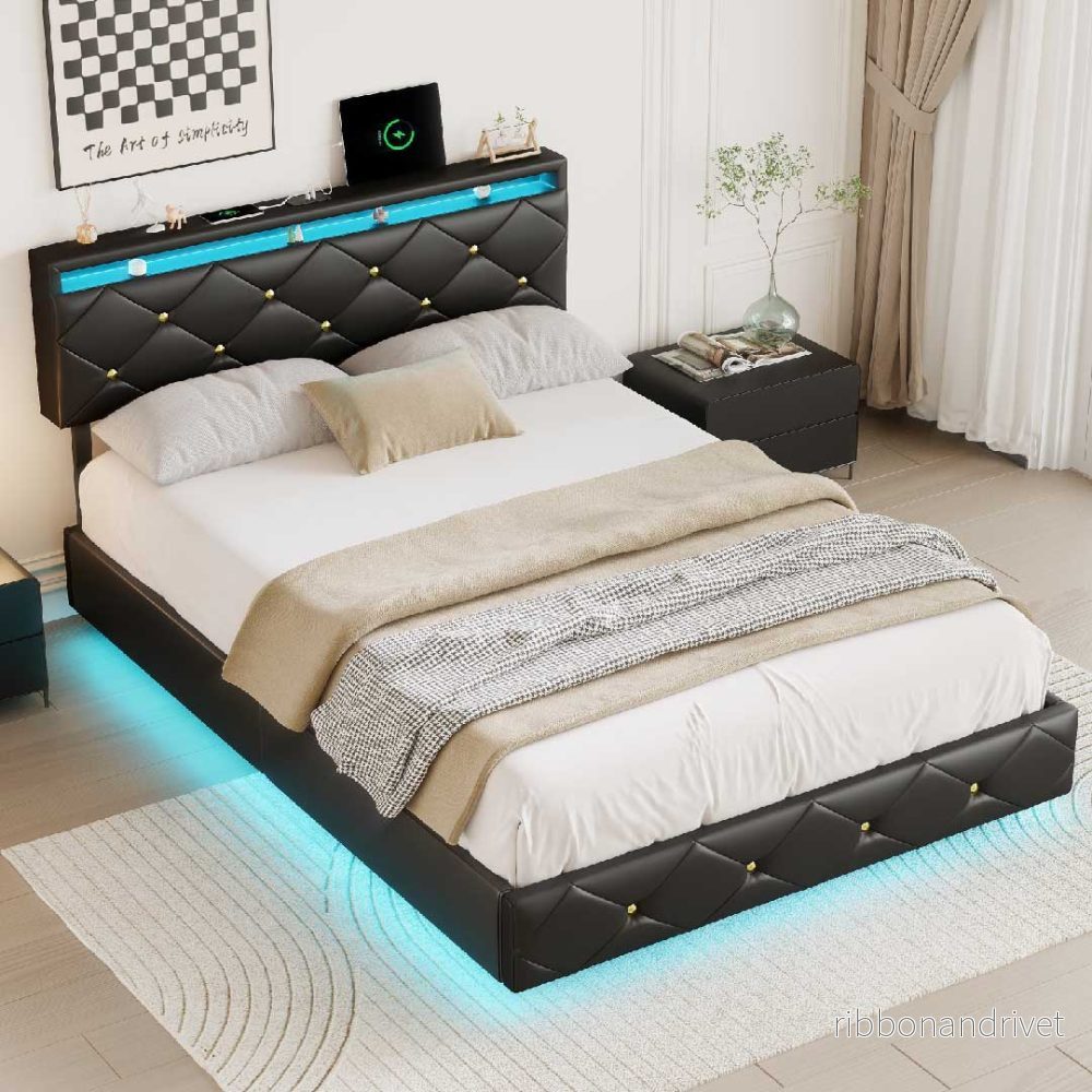 Yelenaro LED dubbelsäng med USB och justerbar sänggavel – svart PU - Bild 2