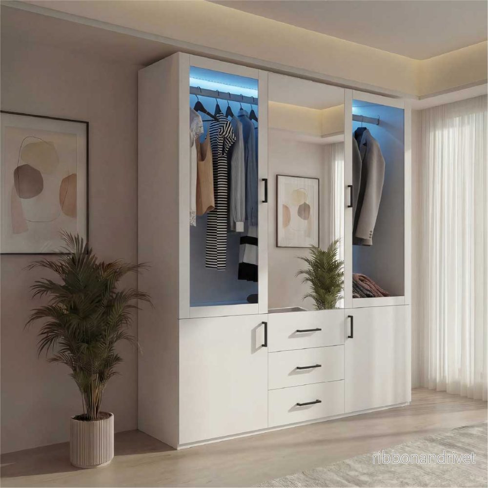 Yelenaro garderob med LED & glas 130 cm – 4 dörrar, spegel & lådor, modernt designskåp vit Yelenaro garderob med LED & glas 130 cm – 4 dörrar, spegel & lådor, modernt designskåp vit