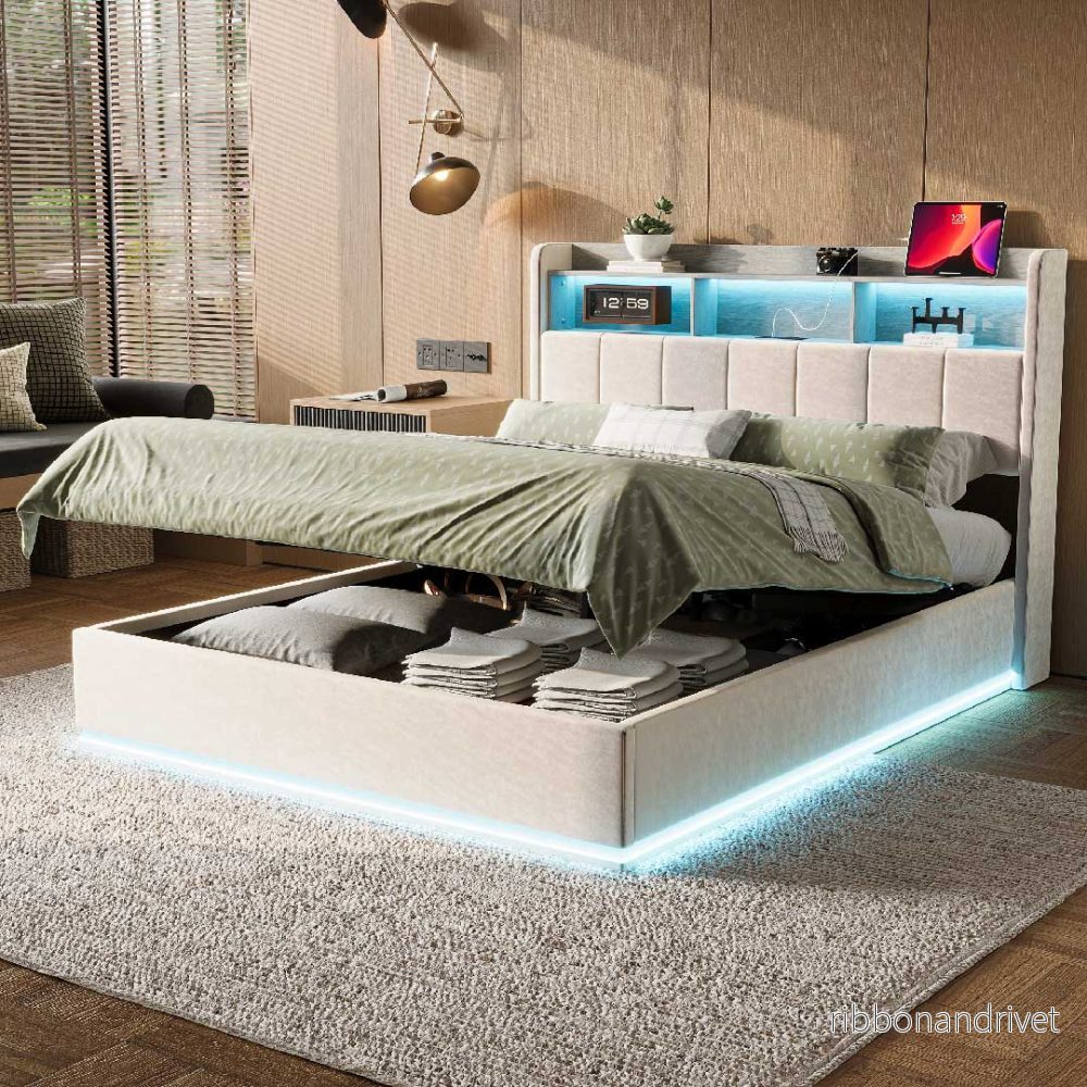 Yelenaro Hydraulisk Säng med Förvaring 140/160×200 cm – Vadderad Säng med LED & USB - Bild 3