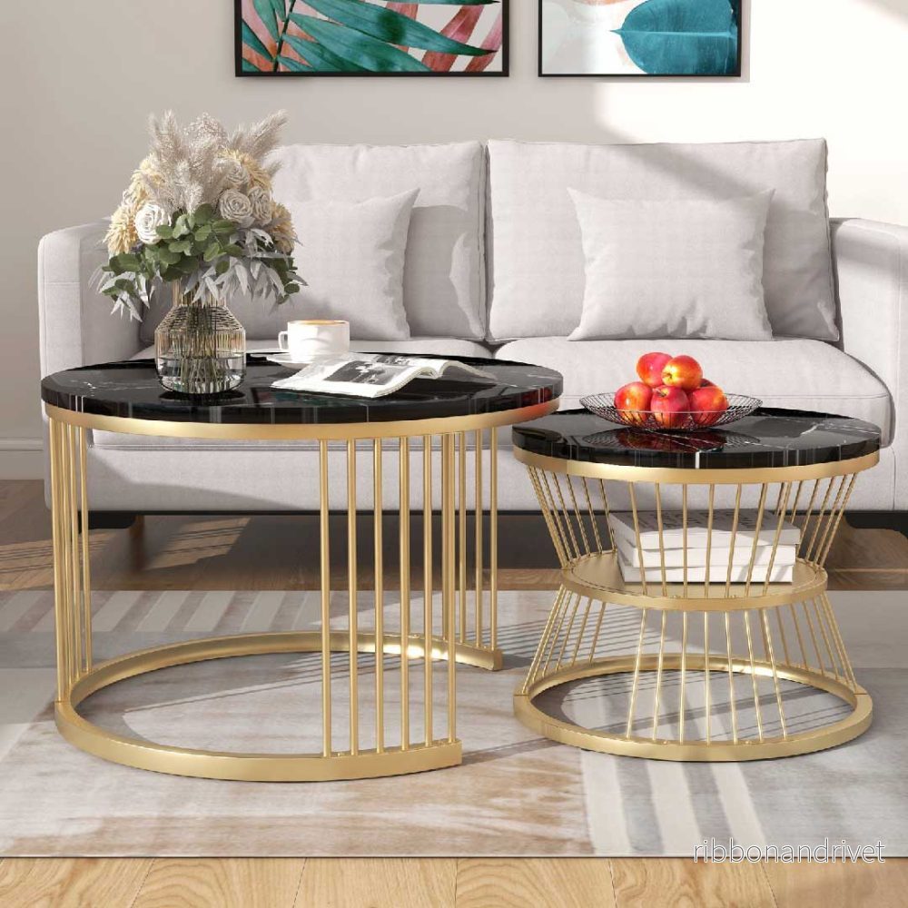 Yelenaro Soffbord i 2-delat set, runt – Marmorlook med guldram