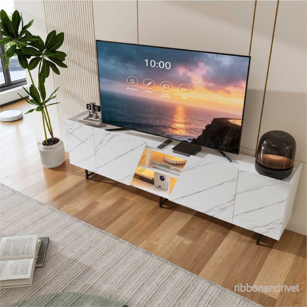 YELENARO TV-bänk 220 cm med LED – Vit marmorlook - Bild 2