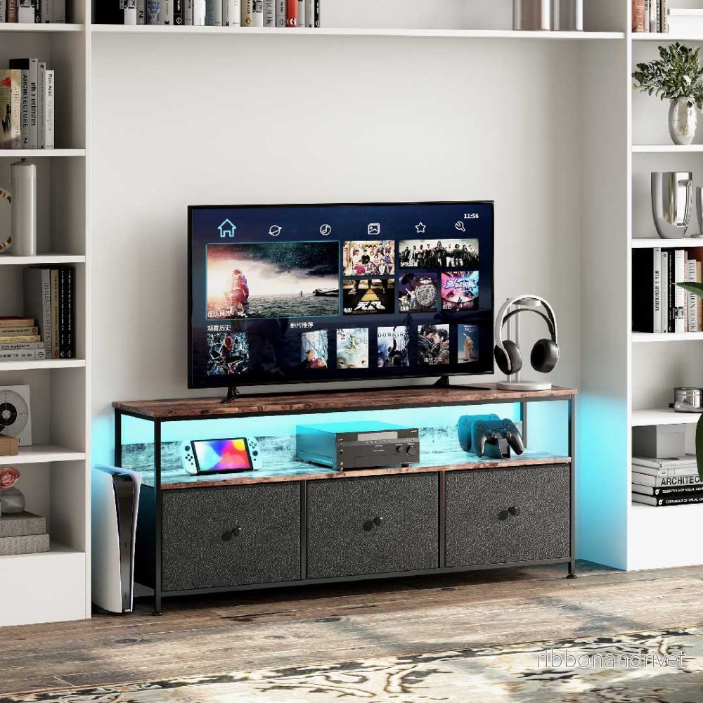 Yelenaro TV-bänk 108 cm med LED och tyglådor – Retro Lowboard Yelenaro TV-bänk 108 cm med LED och tyglådor – Retro Lowboard