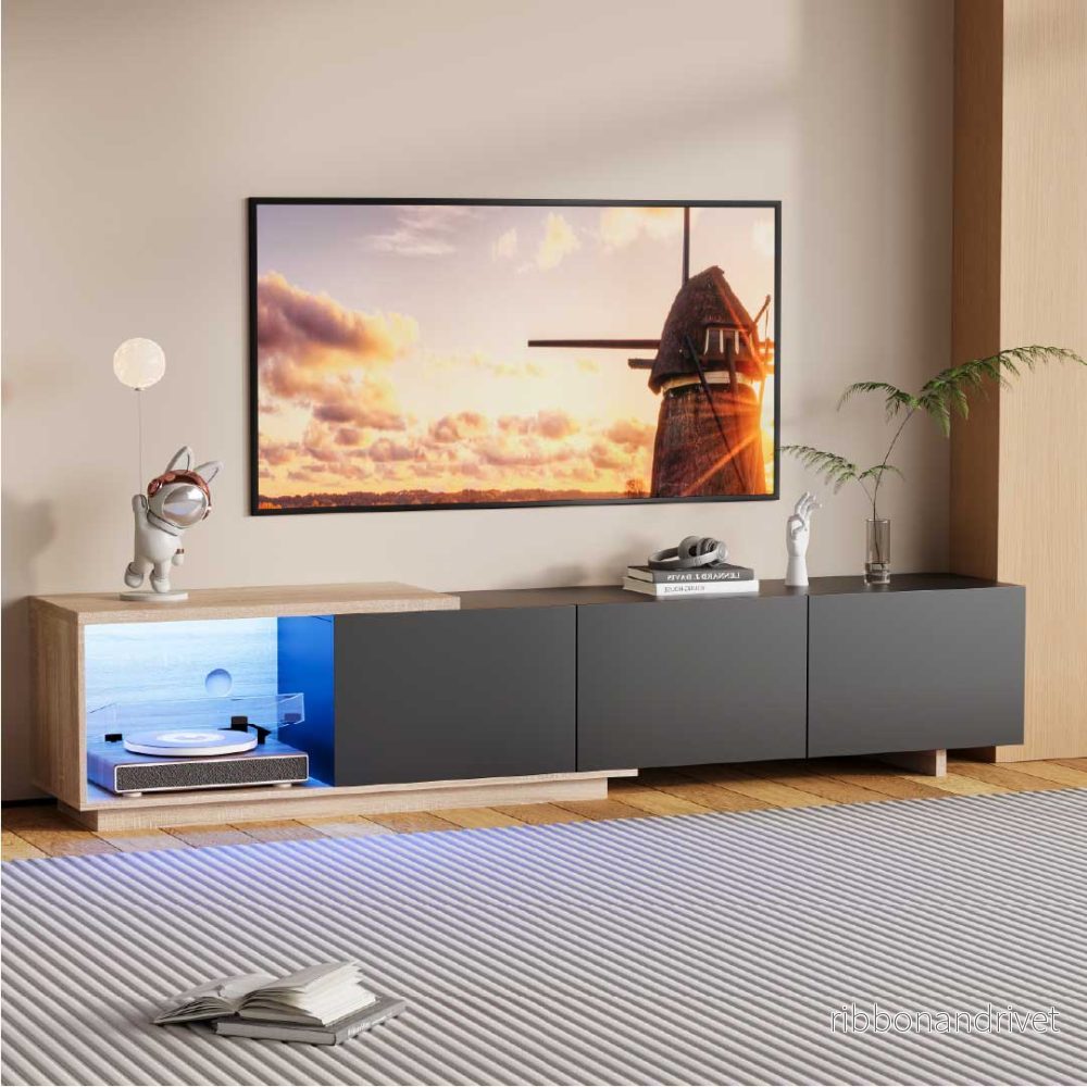 YELENARO Utdragbar TV-bänk 163–240 cm med sensor-LED & 3 push-lådor - Bild 3