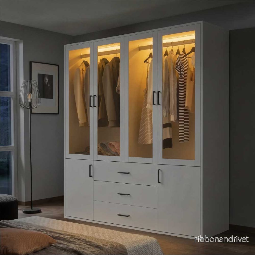 Yelenaro Stor garderob 160 cm med LED & glas – 6 dörrar & 3 lådor, gott om förvaring Vit - Bild 2