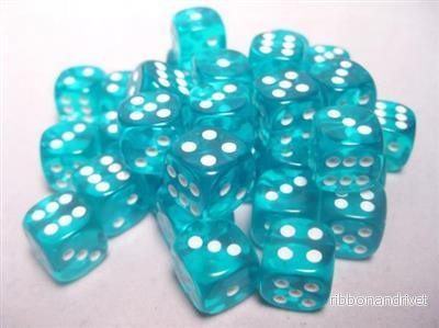 Chessex Translucent 12mm d6 med pips Tärningsblock (36 Tärningar) – Teal med vit