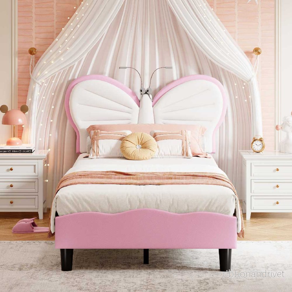 Yelenaro Barnsäng 90×200 cm – Fjäril Klädd säng Rosa med LED-läslampa & höj- och sänkbart huvudgavel Yelenaro Barnsäng 90×200 cm – Fjäril Klädd säng Rosa med LED-läslampa & höj- och sänkbart huvudgavel