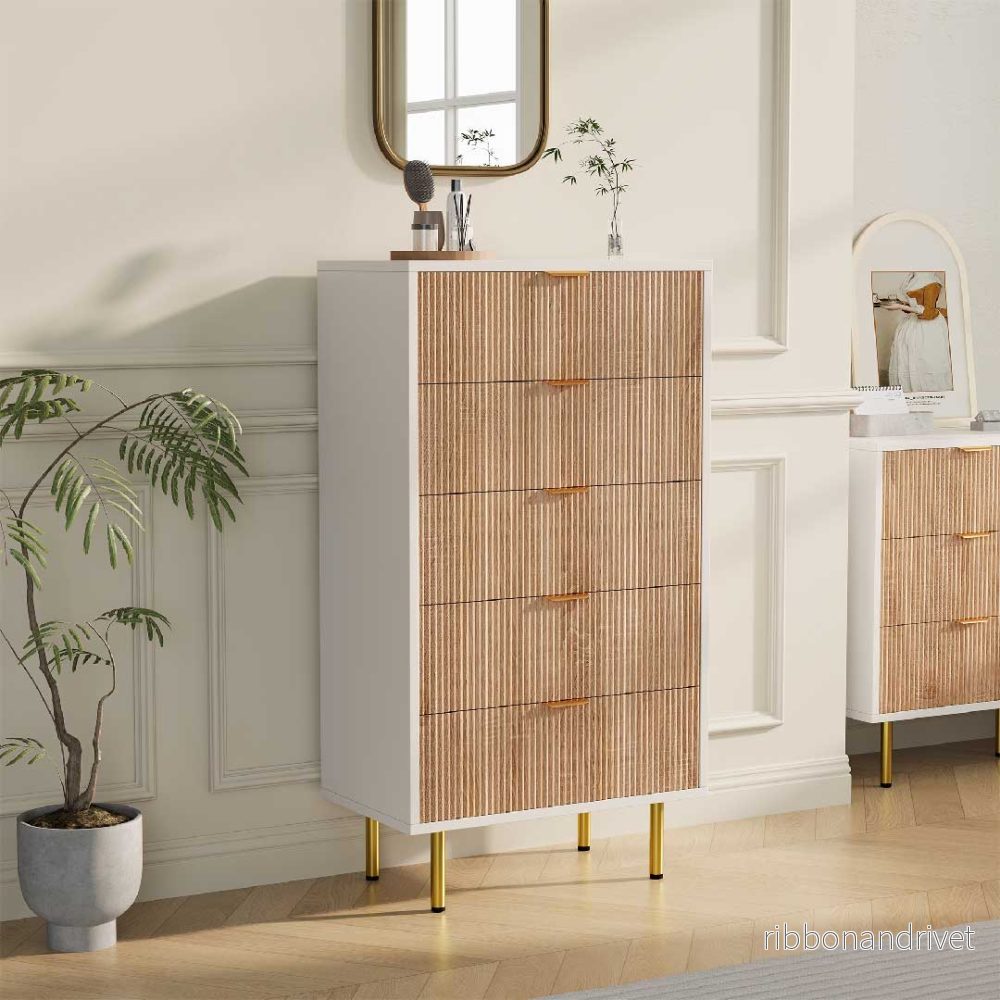 Yelenaro byrå med 5 eller 6 lådor – Modernt skåp i vit och trä-look med metallhandtag - Bild 3
