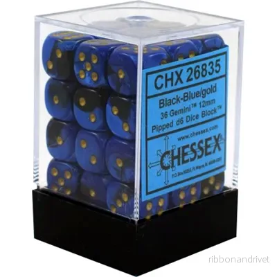 Chessex Gemini 12mm d6 Dice Blocks (36 Dice) – Black-Blue w/gold