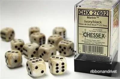 Chessex 16mm d6 Dice Blocks (12 Dice) – Marble Ivory w/Black Chessex 16mm d6 Dice Blocks (12 Dice) – Marble Ivory w/Black