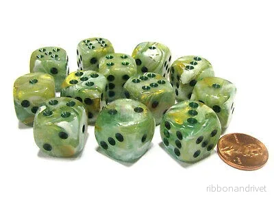 Chessex 16mm d6 Dice Block (12 Dice) – Marble Green with Dark Green Chessex 16mm d6 Dice Block (12 Dice) – Marble Green with Dark Green