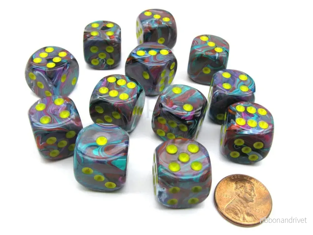 Chessex 16mm d6 Dice Blocks (12 Dice) – Festive Mosaic/Yellow Chessex 16mm d6 Dice Blocks (12 Dice) – Festive Mosaic/Yellow