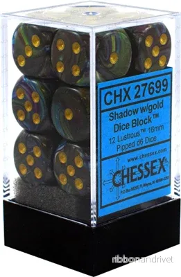 Chessex 16mm d6 med pips Tärningsblock (12 Tärningar) – Lustrous Shadow med Guld Chessex 16mm d6 med pips Tärningsblock (12 Tärningar) – Lustrous Shadow med Guld