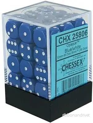 Chessex Opaque 12mm d6 med Pips Tärningsblock (36 Tärningar) - Blå med Vit - Bild 3