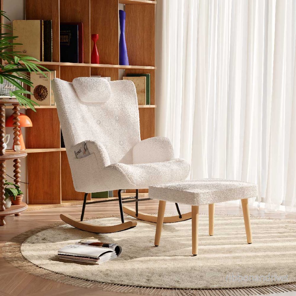 Yelenaro Bouclé gungstol med pall – Ammings- och relaxfåtölj med nackstöd Yelenaro Bouclé gungstol med pall – Ammings- och relaxfåtölj med nackstöd