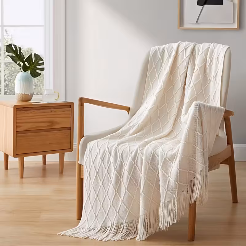 Filt stickat mönster 130x180cm - mönstrad pläd med tofsar - Bild 2