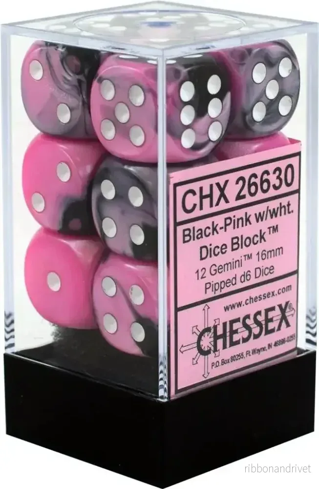 Chessex Gemini 16mm d6 med Pips Tärningsblock (12 Tärningar) – Svart-Rosa med Vitt Chessex Gemini 16mm d6 med Pips Tärningsblock (12 Tärningar) – Svart-Rosa med Vitt