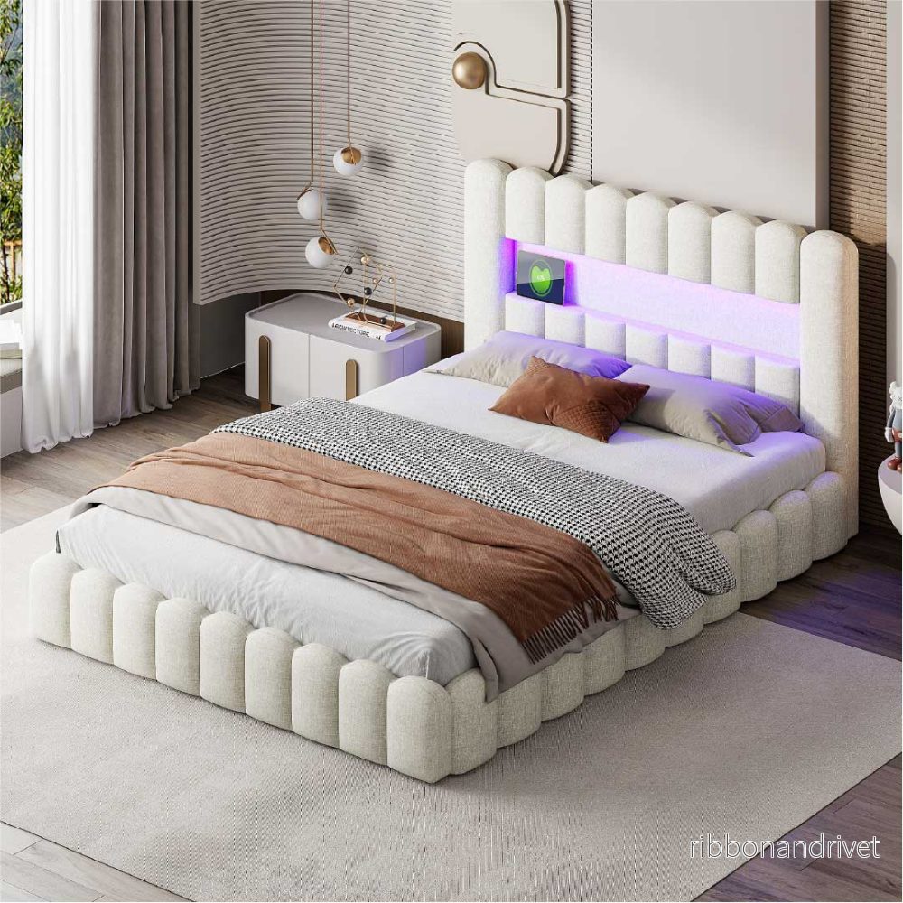 Yelenaro LED stoppad säng med förvaring och USB – Modern dubbelsäng med ribbotten, RGB-belysning - Bild 2