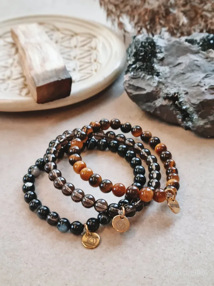 Mantra ENERGY bracelet – Insight, grounding and protection – tiger’s eye, black agate and smoky quartz Mantra ENERGY bracelet – Insight, grounding and protection – tiger’s eye, black agate and smoky quartz