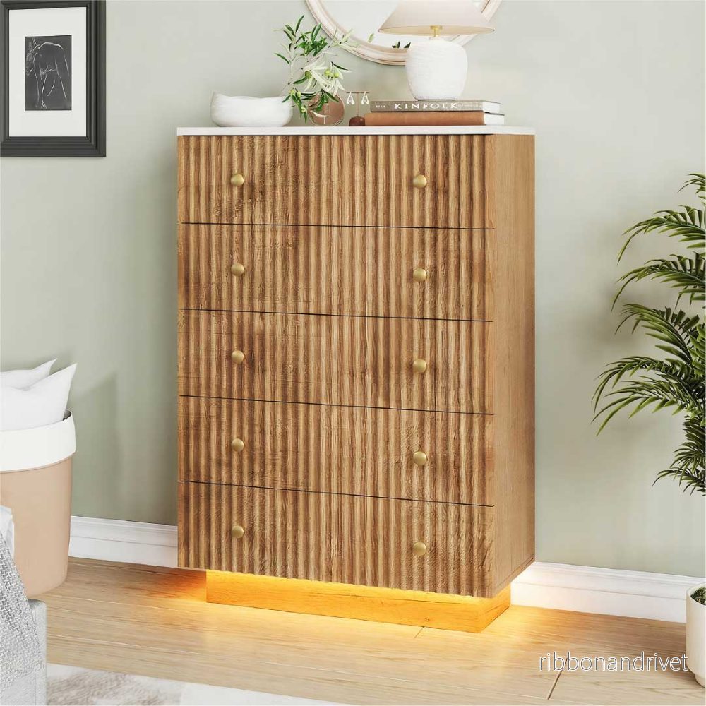 Yelenaro byrå trälook med 5 lådor & LED – Modern sovrumskommod med förvaring, varmvitt/kallvitt ljus - Bild 3