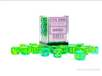 Gemini 12mm D6 Genomskinliga Grön-Teal/Gul Tärningar Block (36 tärningar)
