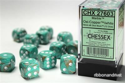 Chessex 16mm d6 Dice Blocks (12 Dice) – Marble Oxi-Copper/White Chessex 16mm d6 Dice Blocks (12 Dice) – Marble Oxi-Copper/White