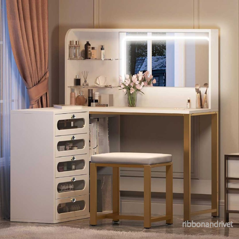 Yelenaro L-sminkbord med LED-spegel och pall – hörnmodell med förvaring - Bild 2