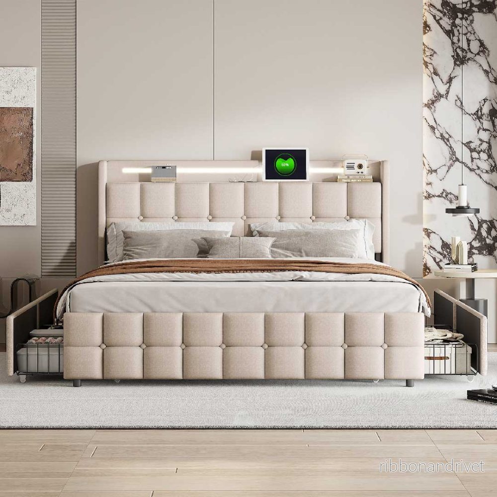 Yelenaro Linnesäng 160/180×200 cm med LED, USB & 4 lådor Yelenaro Linnesäng 160/180×200 cm med LED, USB & 4 lådor