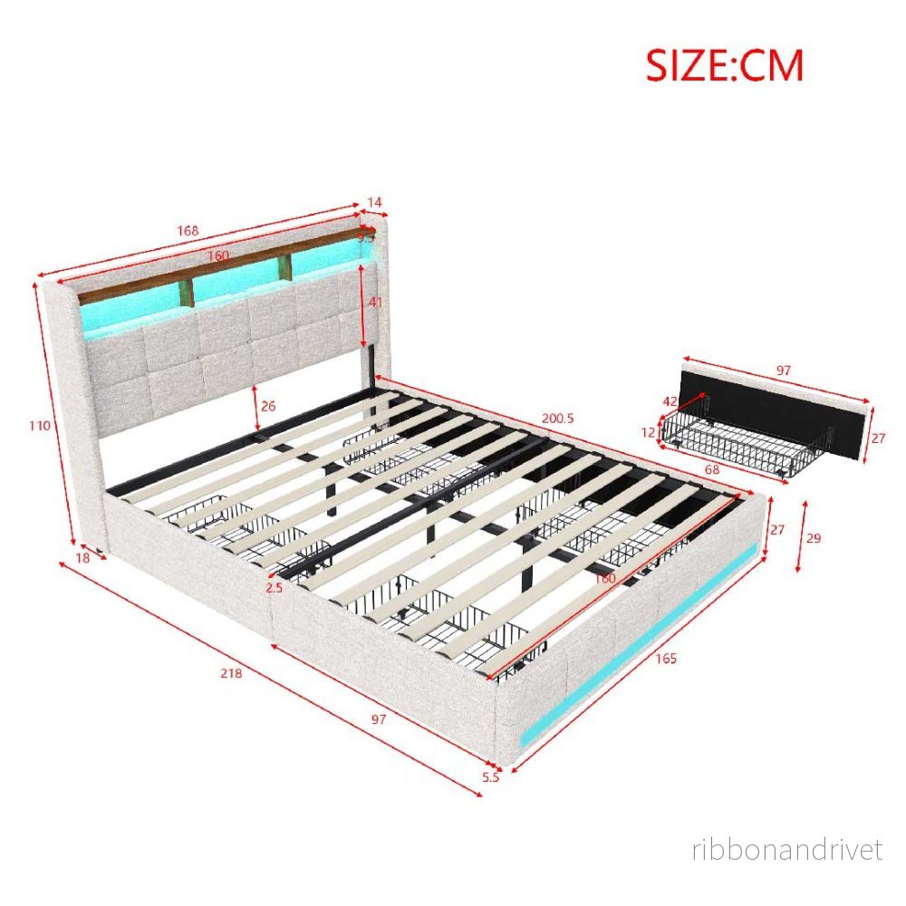 Yelenaro linnesäng 140/160×200 cm med LED, USB & 4 lådor - Bild 3