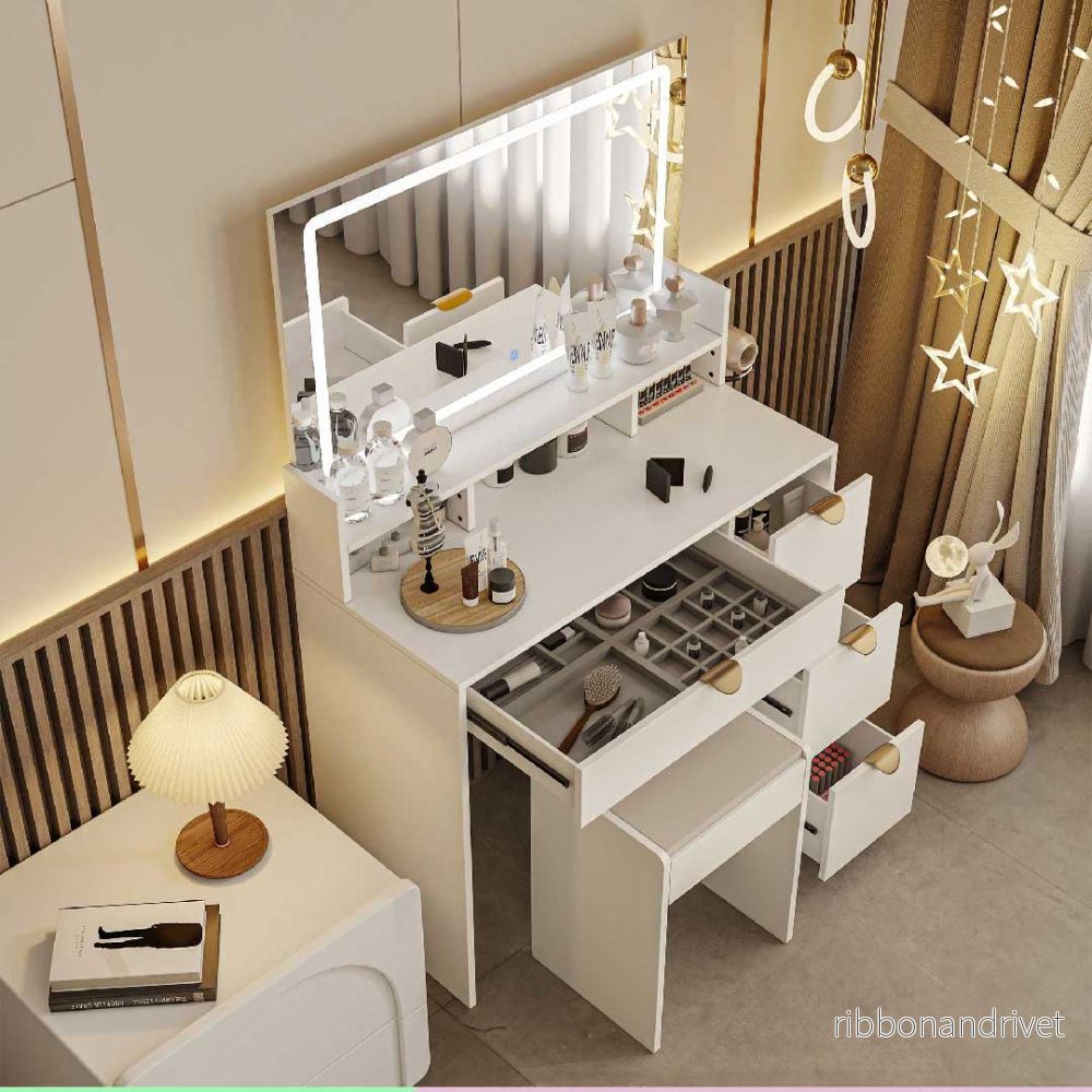 Yelenaro Sminkbord med LED-spegel, eluttag & pall – 4 lådor & hyllor - Bild 2