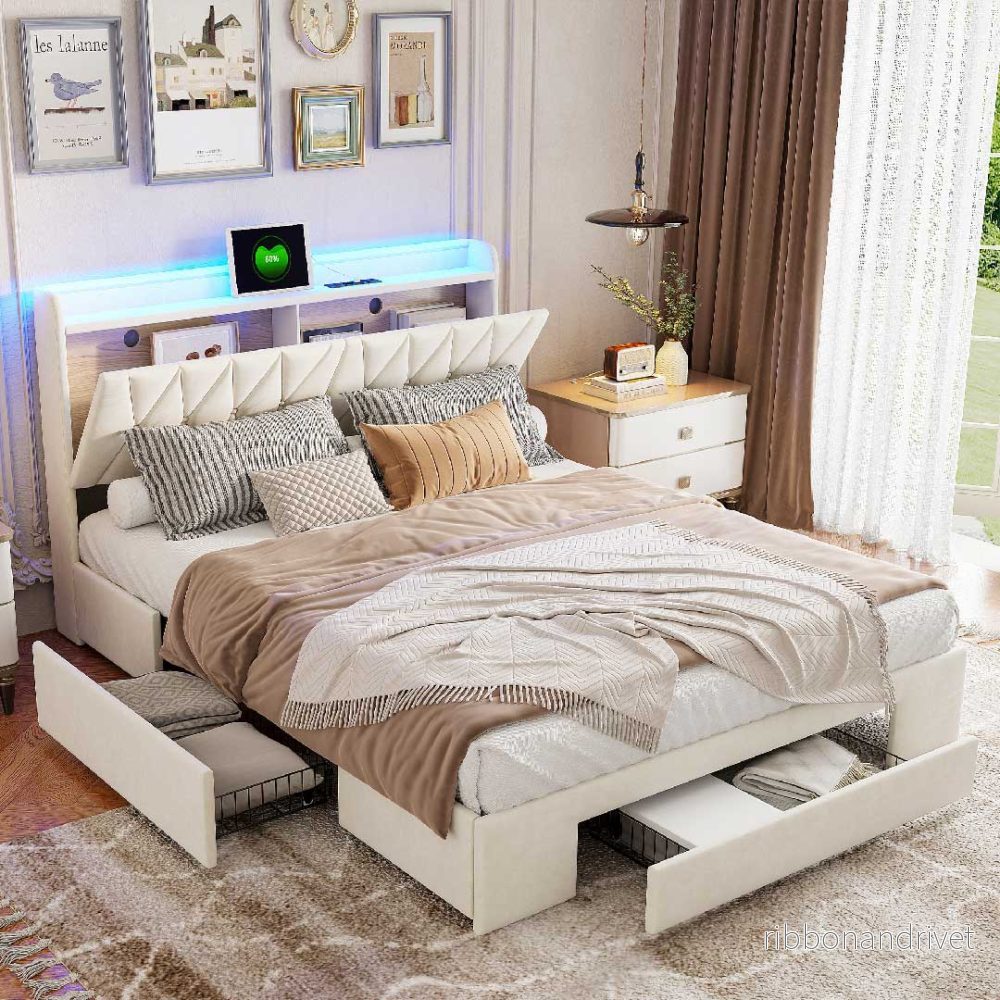 Yelenaro sammetsäng med LED, USB & 3 lådor – 140/160×200 cm - Bild 3