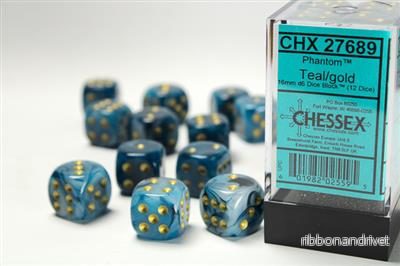 Chessex 16mm d6 med pips Dice Blocks (12 Dice) – Phantom Teal med guld Chessex 16mm d6 med pips Dice Blocks (12 Dice) – Phantom Teal med guld