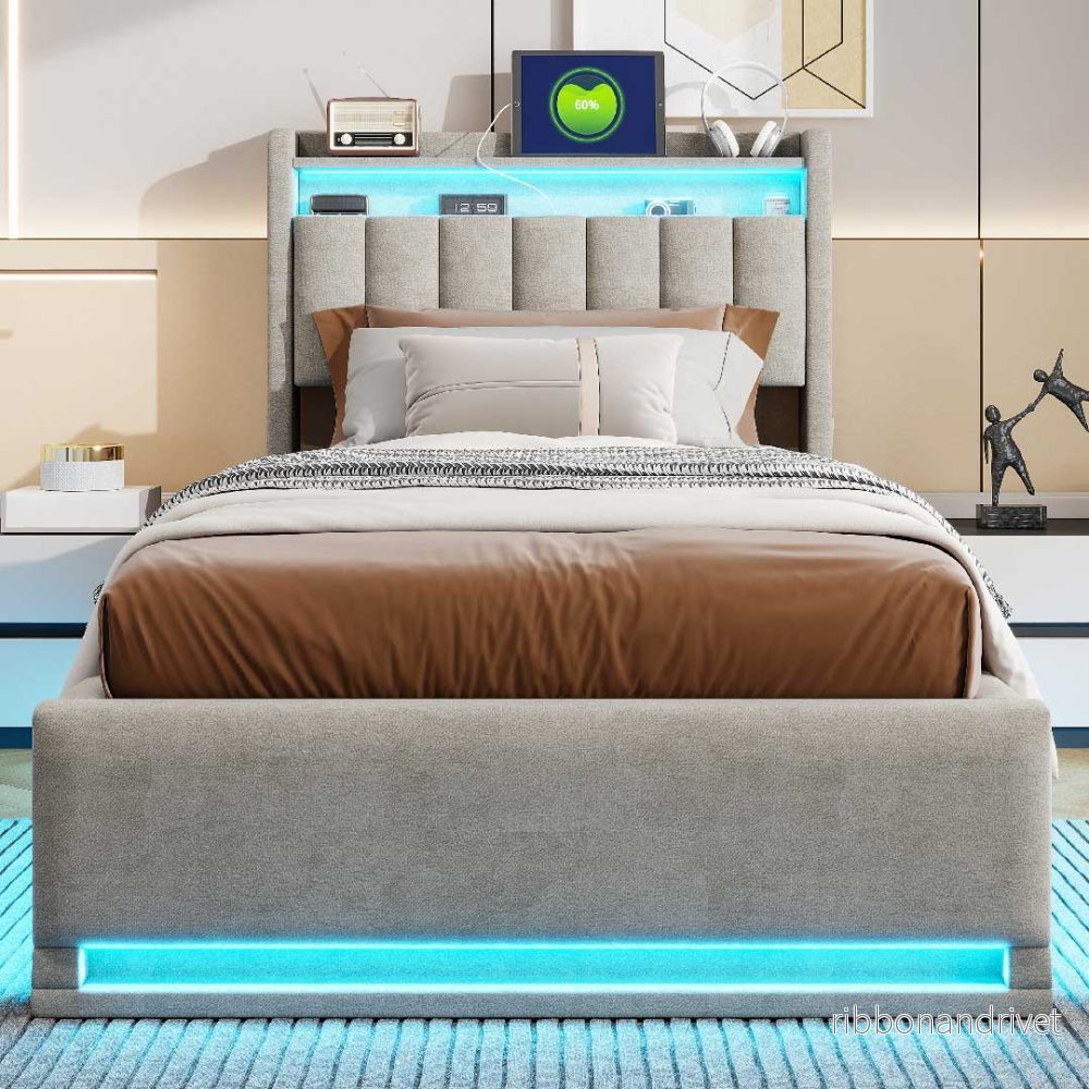 Yelenaro sängstomme i sammet med LED, förvaring & USB-laddstation – Säng med gaslyft & förvaring i sänggaveln (flera storlekar & färger) - Bild 2