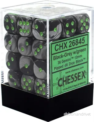 Chessex Gemini 12mm d6 Tärningsblock med Pips (36 Tärningar) – Svart-Grå med Grön Chessex Gemini 12mm d6 Tärningsblock med Pips (36 Tärningar) – Svart-Grå med Grön