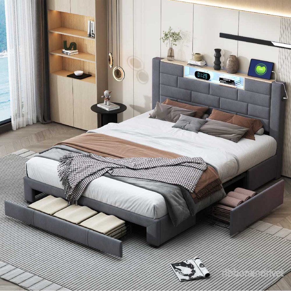 Yelenaro Säng i sammet med LED, USB & 3 lådor – 140/160×200 cm - Bild 2