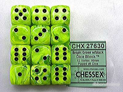 Chessex 16mm d6 Tärningar med Pips (12 Tärningar) – Vortex Bright Green Chessex 16mm d6 Tärningar med Pips (12 Tärningar) – Vortex Bright Green