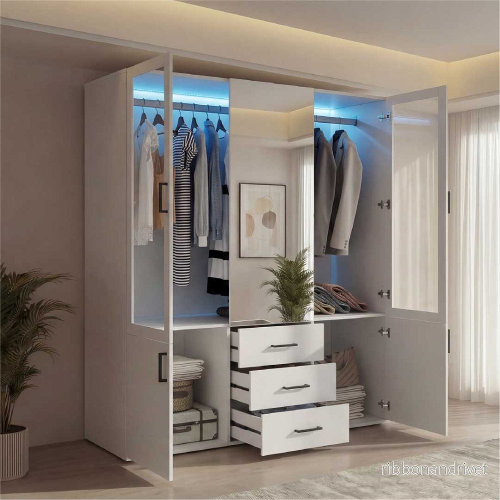 Yelenaro garderob med LED & glas 130 cm – 4 dörrar, spegel & lådor, modernt designskåp vit - Bild 2