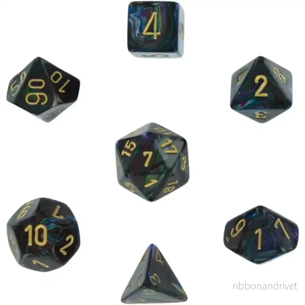 Chessex Lustrous 7-Tärningsset – Shadow med guld Chessex Lustrous 7-Tärningsset – Shadow med guld