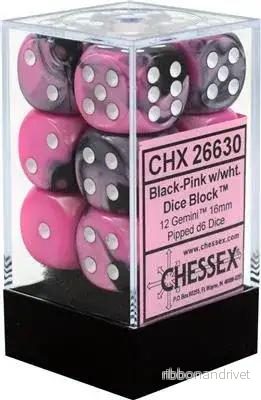 Chessex Gemini 16mm d6 med Pips Tärningsblock (12 Tärningar) - Svart-Rosa med Vitt - Bild 2