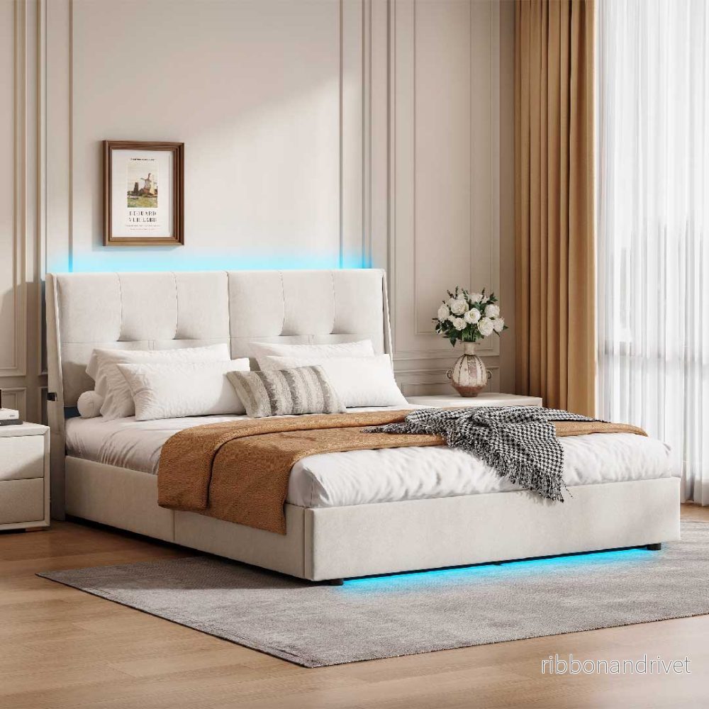 Yelenaro Kontinentalsäng 140/160x200cm med LED & förvaring – Samt Beige - Bild 2