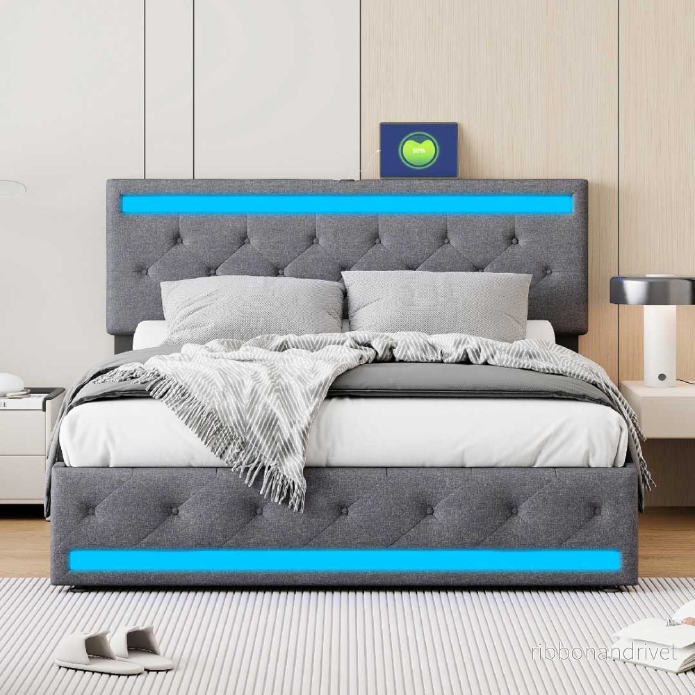 YELENARO LED-klädd säng med USB & 4 lådor – Linnesäng 140/160/180×200 cm