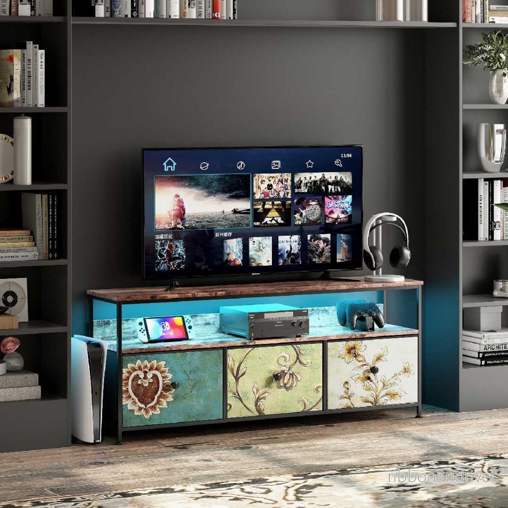 Yelenaro LED TV-bänk 137 cm med tyglådor – Retromodell