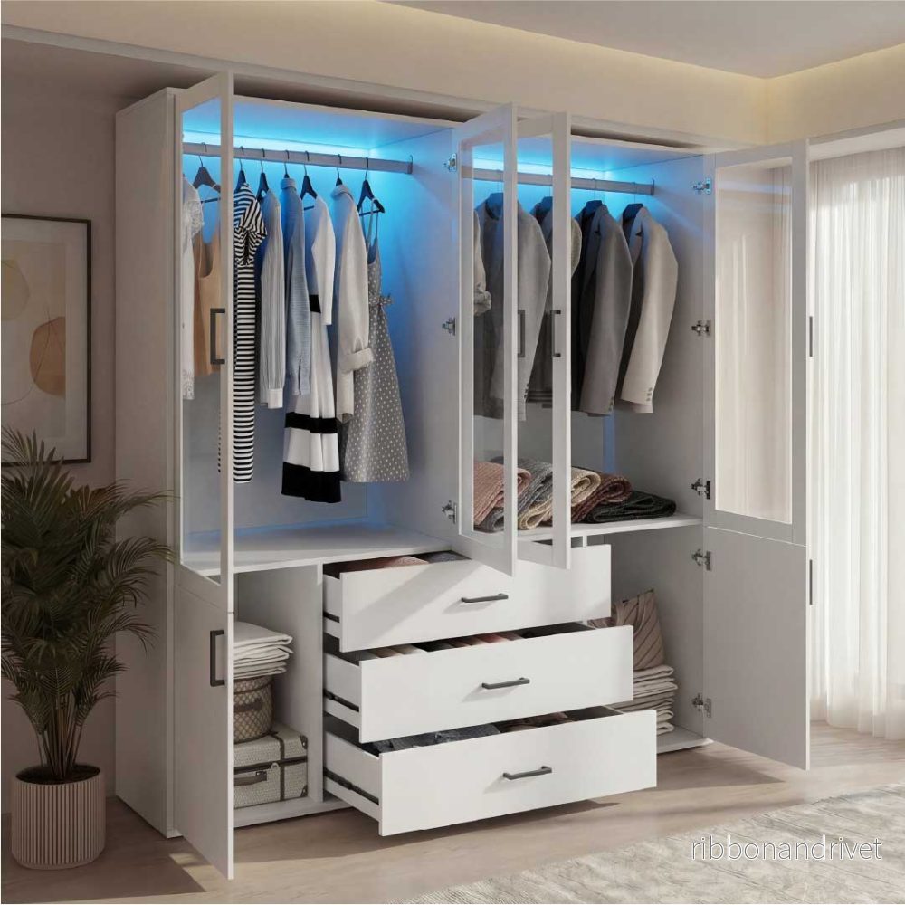 Yelenaro Stor garderob 160 cm med LED & glas – 6 dörrar & 3 lådor, gott om förvaring Vit - Bild 3