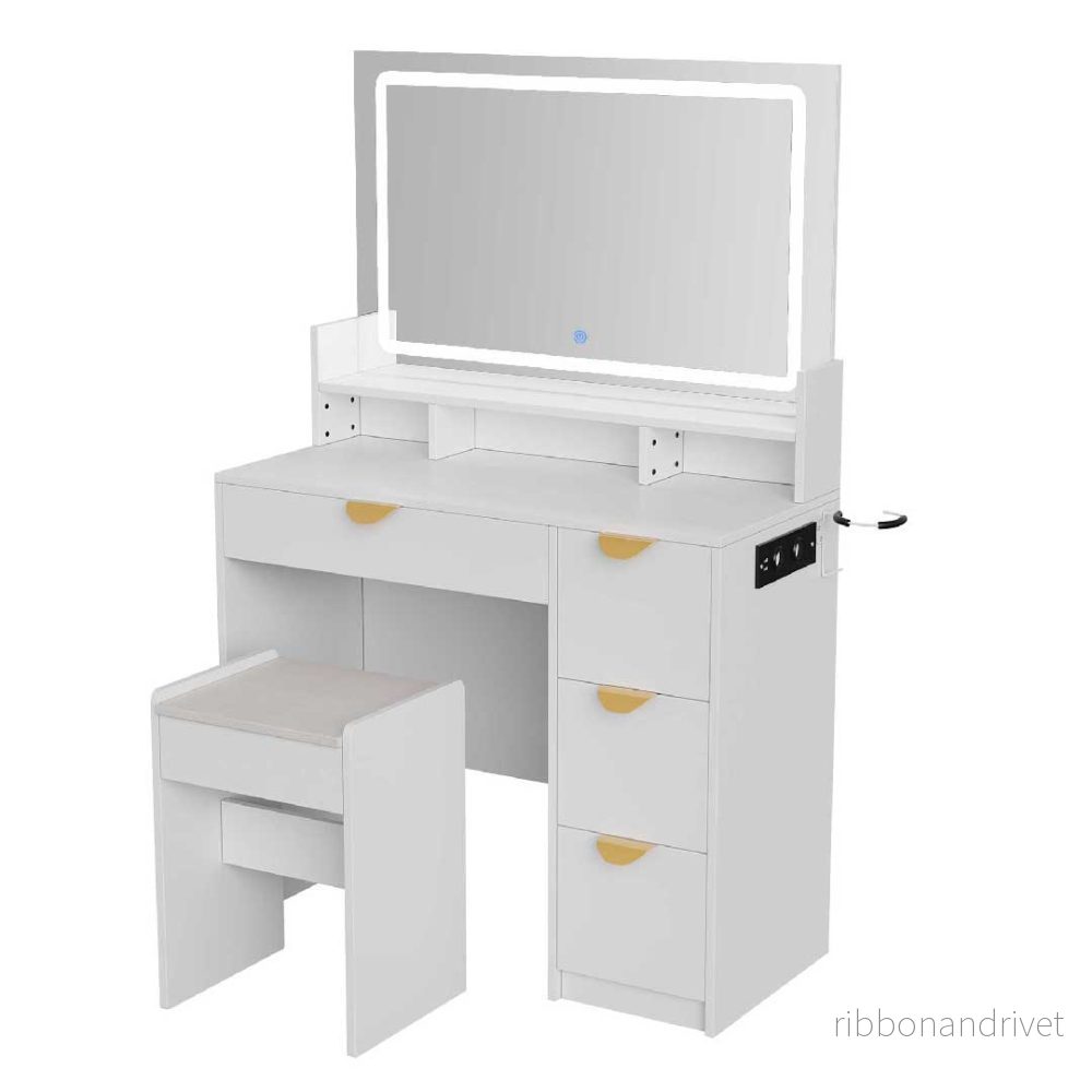 Yelenaro Sminkbord med LED-spegel, eluttag & pall – 4 lådor & hyllor - Bild 3