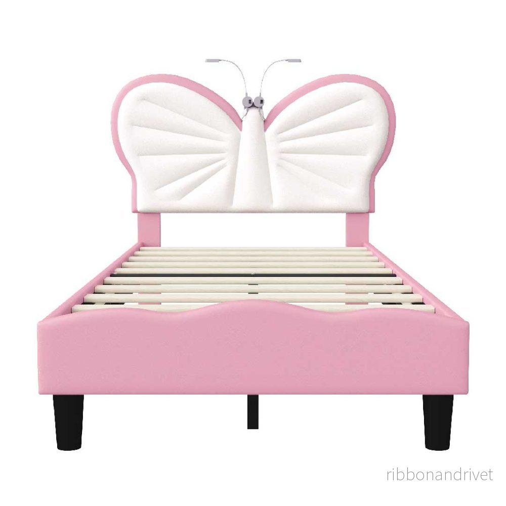 Yelenaro Barnsäng 90x200 cm – Fjäril Klädd säng Rosa med LED-läslampa & höj- och sänkbart huvudgavel - Bild 3