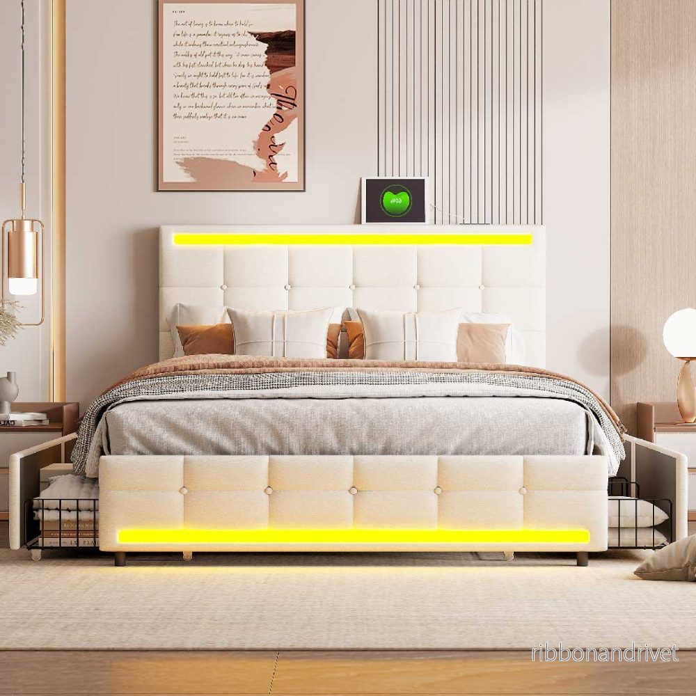 Yelenaro stoppad säng i linne med LED, USB & 4 lådor Yelenaro stoppad säng i linne med LED, USB & 4 lådor