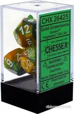 Chessex Gemini Polyhedral 7-Die Set - Gold-Grön med Vit